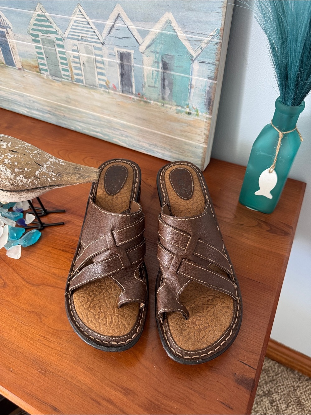 Women's B.O.C Brown Leather Slide Sandals - Comfort Footbed
